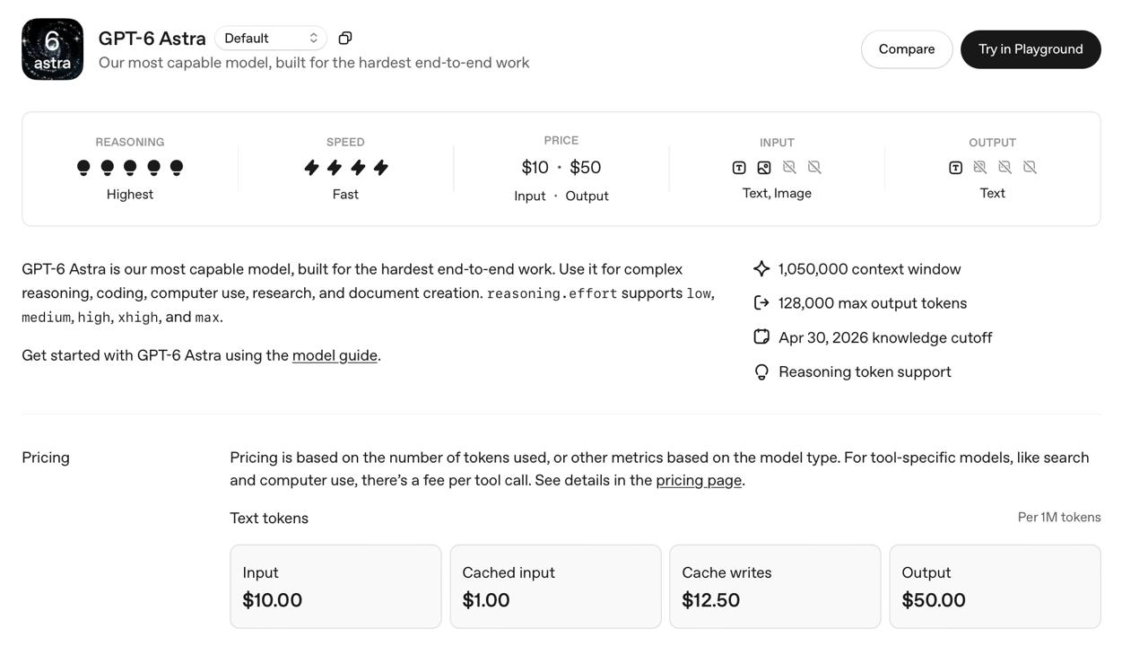 GPT-6_Astra_已支持_API，每_1M_tokens_输入_$10.00，输出$50.00。 图1